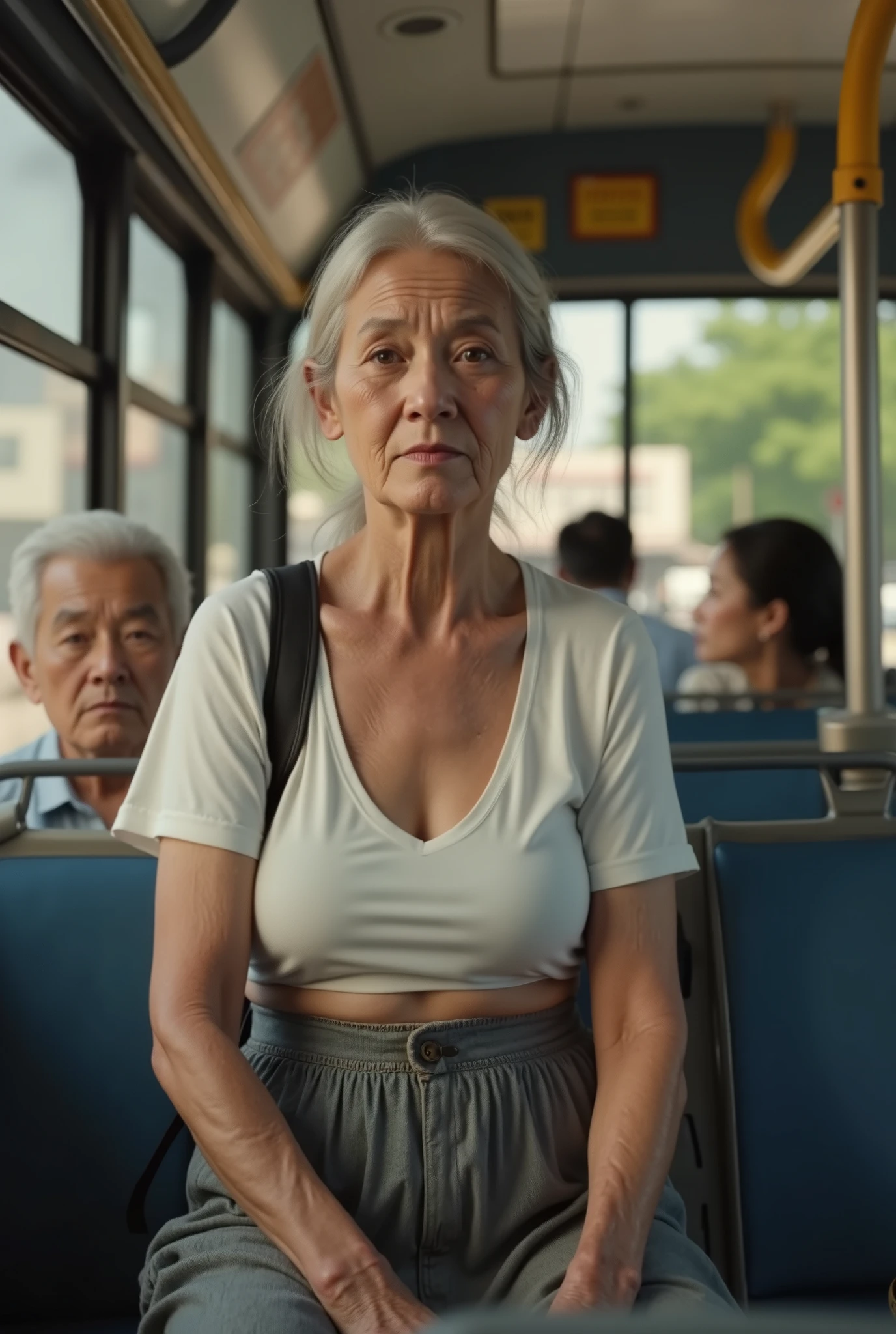 Detailed scene inside a train, 60 year old mature woman, Japanese Wife,Baby Face,Curvy,Pure and elegant atmosphere,Standing by the window, Looking Outside,Wearing black underwear and tight blue jeans, Highly detailed facial features, high quality, Realistic, Dynamic Lighting, Realistic Textures, elegant, Cinematic, Dramatic lighting, Warm tones, Detailed Environment, Depth of written boundary, Cinematic composition, Ultra-detailed, 8k, masterpiece,Wrinkles are frequent