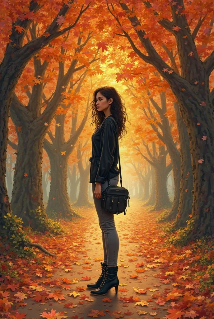 Book Cover — “Advice sold and poems lived”
Author: Anielle Medeiros

Character:

Adult brown girl, light and yellowish skin tone

Wavy hair, dark brown eyebrows, average length

Stylish and modern: dark hair,  escovados,  lisos,  split on the side. 

De costas, looking to the side and up (pensativa)


Visual Style:

hairstyle

Japanese clothing: Tight black leather long-sleeved blouse and gray dins pants, apertada. Black boot, long ???? almost to the knee and high square heels. 

Scenario: autumn leaves falling, sunset light, Illuminated tree path

An aura of soft hope surrounding the character

Palette: warm tones


Text:

Title: Advice sold and poems lived

Name: Anielle Medeiros in the footer

Source: poetic handwritten
