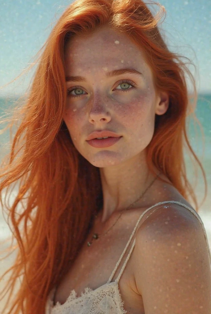 The image shows Kkim Cardasahn, 23 years old, with long, copper-colored hair. .white ethnic skin color illuminated gloss, natural makeup with gloss,bodyy gloss . that the angle of the photo looks like a large full American plane. And also the quality of the realistic style image that looks complete, that looks good.The girl while she is on the beach in a white beach outfit ,lying in the sand