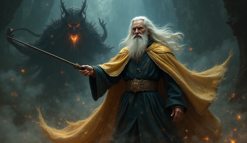Albus Dumbledore, in a fierce pose against dark forces armed with a wand, Golden Cloak and Sorcerer's Hair