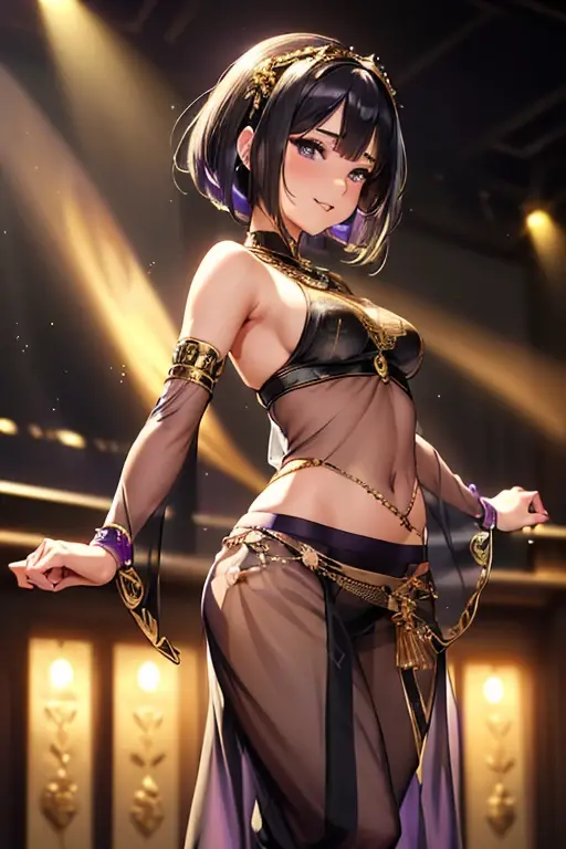 #Basics A girl is posing for a photo, animeのかわいい女の子, (((One Girl, Baby Face, Young girl, 16 years old))),
BREAK
#Clothing Accessories
(((Purple on black)Tribal style with gold decorations(Sheer, see-through harem pants)Dance Costumes:1.6) + Sheer black elbow gloves with plenty of gold embellishment + Black face veil + Black veil + Black high heels with gold embellishments + Gold Tiara), ((Gold Fancy Bracelets, Gold Hoop Earrings, Fancy Gold Necklace)), ((Black collar)),
BREAK
#Features
((Black Hair:1.4), (Blunt bob cut:1.4)),
(Droopy eyes,blue eyes), (Small breasts),
BREAK
#background environment
((A dance stage illuminated by spotlights:1.4)),
#Facial Expression Pose
((Wicked Smile), (She is dancing a dynamic and seductive dance.)),
#composition
((Face the camera, Angle from the front, whole body:1.4)),
BREAK
#Body parts elements
(Detailed hair, Beautiful Hair, Shiny Hair),
(double eyelid, Long eyelashes),
(Expression of fine eyes, Beautiful and delicate eyes, Sparkling eyes, Eye Reflexes, Glitter Eyeliner),
(Human Ear),
(Beautiful Nose, Thin Nose),
(Glossy lips, Beautiful Lips, Thick lips, Glossy Lips, Natural Cheeks),
(Detailed face, Symmetrical facial features),
(Detailed skin, Textured skin, Beautiful Skin, Shiny skin),
BREAK
#Quality
(((Highest quality)), ((masterpiece)), ((Very detailed))), ((High resolution), (16K,1080P)),
(Realistic), (Anatomically correct),
((comics, anime)), (3DCG), CG illustration,