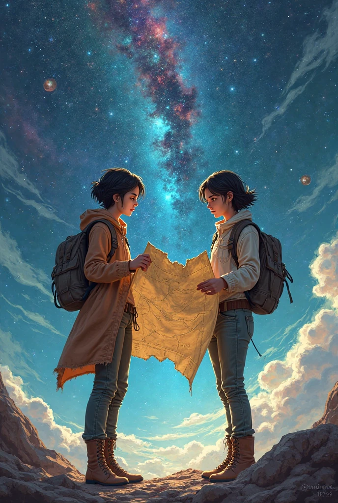 brunette ager with short dark hair holding a map, Along with a white age girl with dark brown hair, In the background the space and they are both happy