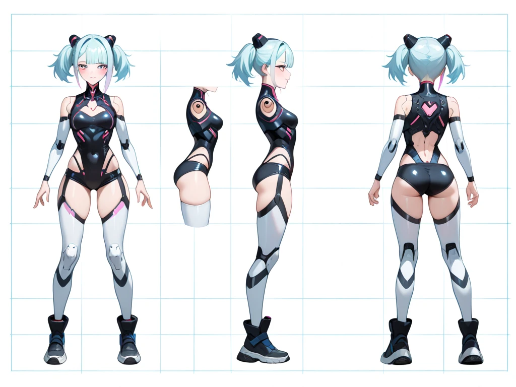 ((Konpaku Youmu)), short hair, white hair, bangs, (multiple expressions: smile, smirk, grin), blush, awe), thick thighs, leotard, masterpiece, best quality, absurd res, character sheet, ((multiple views of the same character)), full body, large breasts, blue eyes, black bowtie, Black hairband, sexy, perfect face, ((simple background)), half-ghost, leg-up,