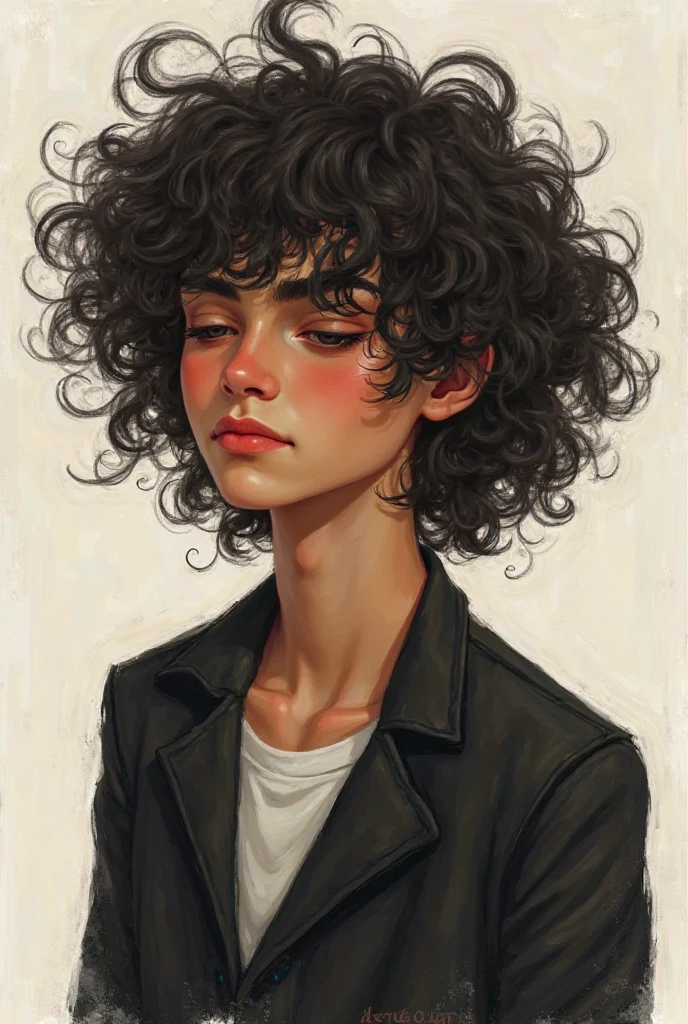 Draw a guy's sticker in oil style. The hair is black and curly, closing its eyes. to the shoulders. black clothes, white socks.