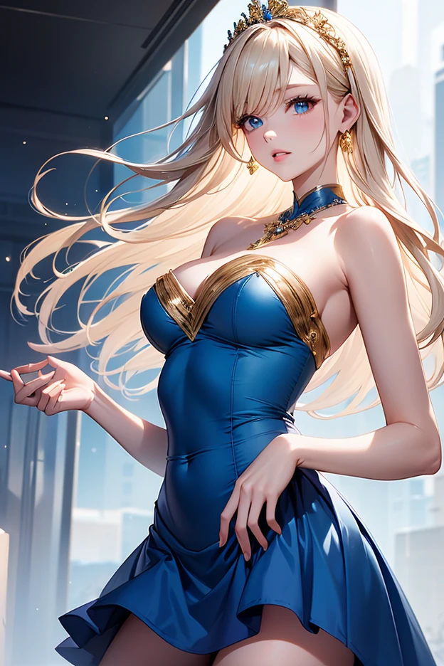 Realistic pictures, (((Best Quality, 8k, Masterpiece: 1.3)), 1 girl, Beauty with highlighted constriction: 1.3, (Random Hairstyles: 1.2), Super Detailed Face, Detail Eyes, Double Eyelids, Armpits, Blue Eyes, Blonde, Smile: 1.3, Night City: 1.4, Gaslight, (Elegant Dress: 1.5), gigantic breast, Nordic Beauty