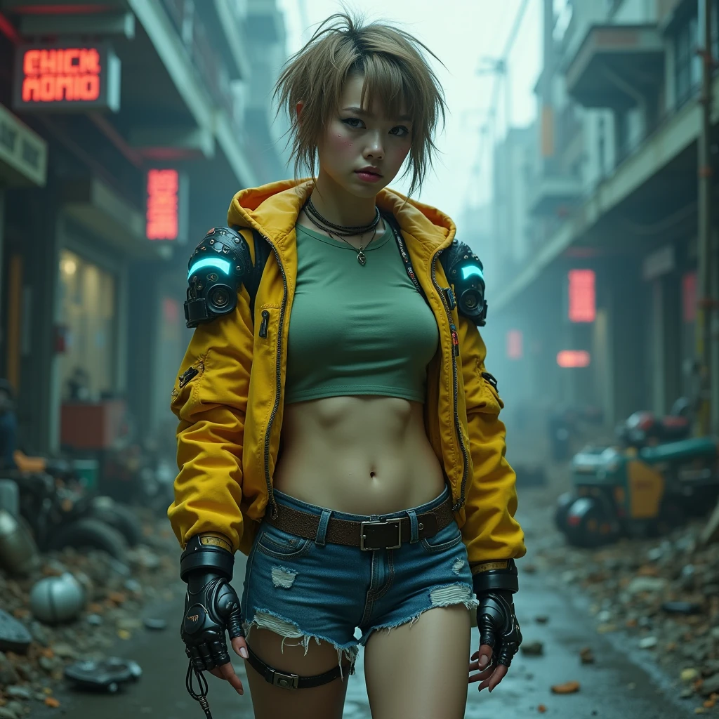 A young fat chubby women yellow jacket, thin green long t-shirt closed body adult  twink with a cute girlish face, 25-years-old, with messy,  short very light brown punk hair and pale skin embedded with small blue cybernetic ports around her temple and wrists. Shirtless. agile and tech-driven armor shoulderpad, featuring sleek, lightweight  with glowing blue neon strips, riped and destroyed cut-off jean very short shorts. His right arm is fully robotic, with exposed wiring and glowing energy circuits.  and his face has a mix of fear and determination. The background is a futuristic, run-down tech junkyard filled with broken robots, flickering neon signs, and abandoned equipment. The overall mood is dark, with a cold blue and grey color palette, and the realism of the scene is enhanced by the grime, rust, and weathered textures on the cyberpunk gear.