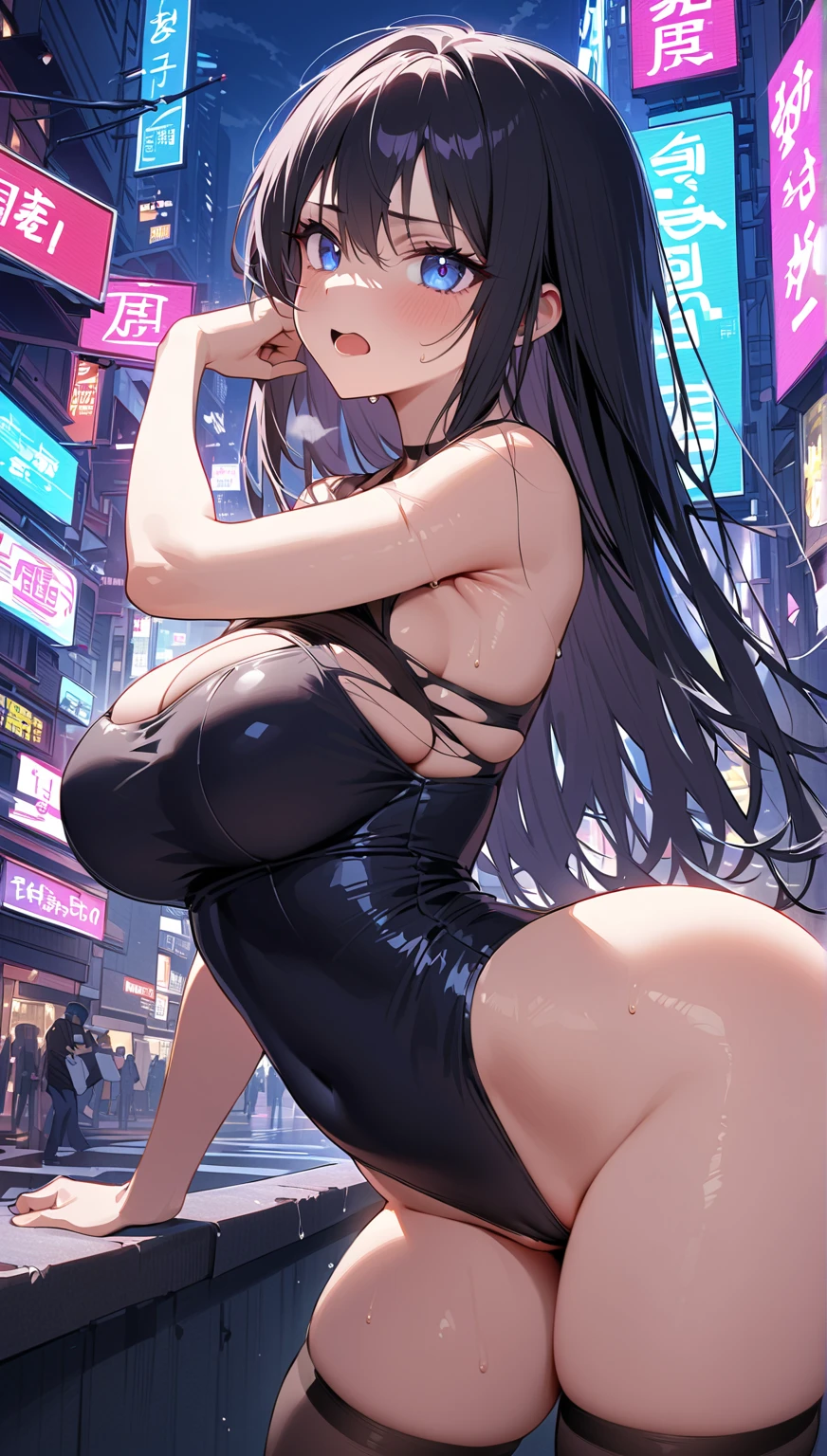 (in 16K、A high resolution、Best Quality、 masuter piece、unreal engine、amine、top-quality、In great detail、From the thighs up:1.2),(Natural Skin Texture、Detailed skin、Beautiful skin、ultra sharpness,highly detailed face,),intricate detailes、Extraordinary beauty,1 cute woman,20 to 25 years old,adult lady,Black nails,black eyes,(an extremely cute and beautiful face:1.2),(((gigantic breasts,voluptuous body,big eyes,eye bags,eyelash extension,pale skin,black hair,long straight hair))),(ennui,独奏,blunt bangs:1.6)(virgin killer sweater,Multiple rings,Multiple Piercings:1.3),(Night Sky,cloudy,Late Night,bustling street,crowd,dim:1.5),