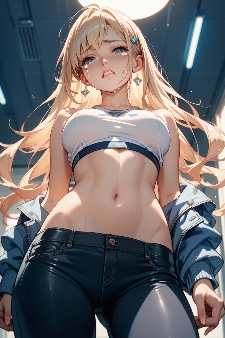 (masterpiece, Highest quality:1.2), One girl, super long hair、Rounded shorthair、Side Up、Detailed eyes、(Orange Eyes:1.2)、Skin Texture、Please open your mouth a little、smile、Transparency、School Swimsuit、flat breasts,medium ass,T-Shirts,dark place,spread legs,nsfw,(embarrassed,blush:1.3), ,(steam:0.8),(wet:0.8),(sweat:0.8),(trembling:1.3) ,(parted lips:1.3),(harf open eyes:1.4),(feeling weak:1.5),grab, more than 6 boys, multiple boys,Grabbing someone's chest, putting your finger in someone else's mouth, grabbing someone's arm, putting your finger in someone else's wrist,