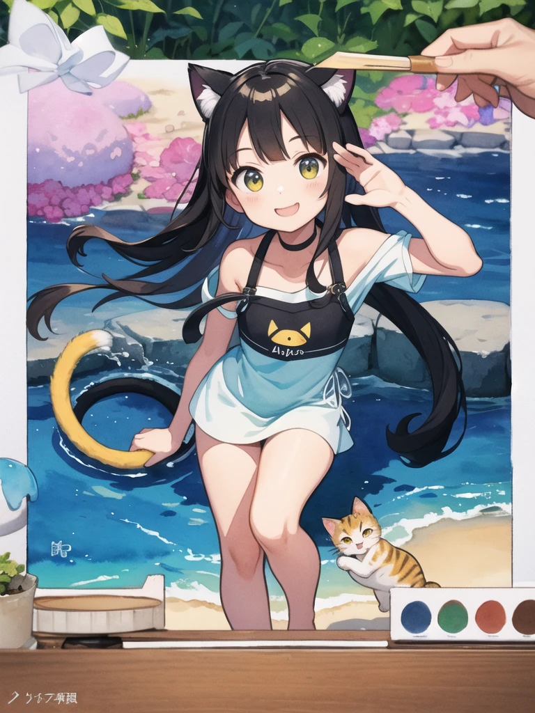 (Xiaorou SeeU, age 20, is an adorable sexy cat woman, big eyes, cute swimsuit, fluffy tail), she is surfing on small waves, super cute, so excited, show her from head to toe, hawaii