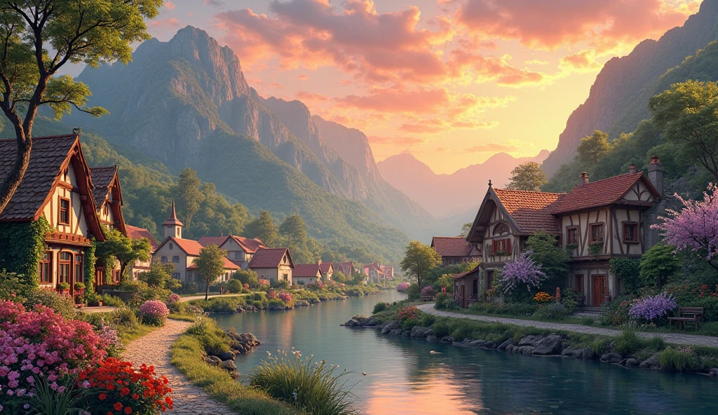 a small village by the river, mountains in the background, floral flowers colorful, detailed landscape, Beautiful natural landscapes, atmospheric lighting, scorching sunset, warm colours, practical, photopractical, Detailed Foliage, complex buildings, cobblestone street, Charming country house, swirly vibrant colors, lush vegetation, Still water reflections, Picturesque, idyllic, work of art, best qualityer, 8k, extremely detaild,anime styling