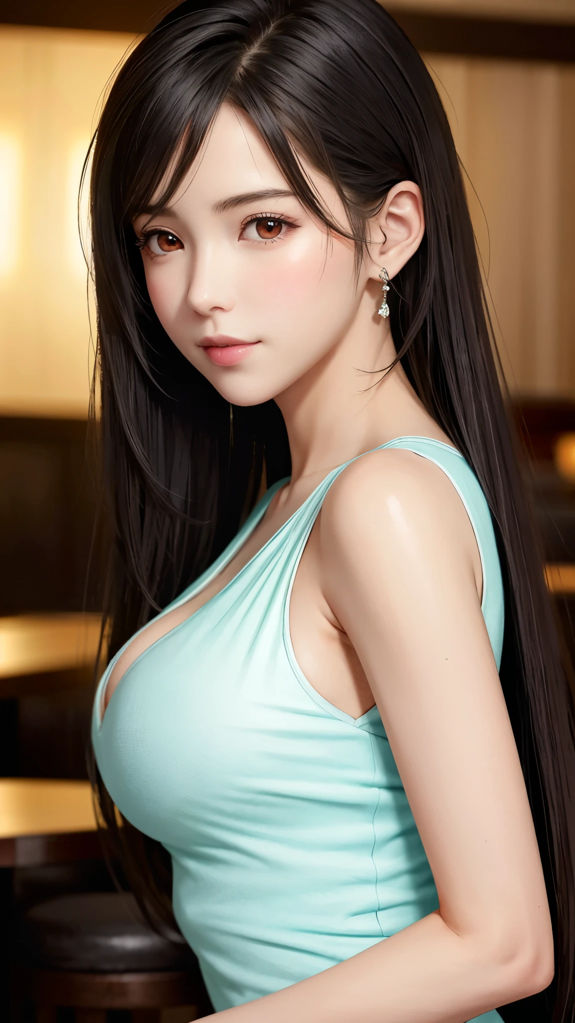 (50mm Sigma f/1.4 Zeiss lens, f1.4, 1/800s, ISO 100, photo: 1.1), 1 girl, solo, shiny skin, breasts, very detailed, ultra detailed, ultra high definition, full body, (photorealistic: 1.4), (best quality), (best shadow), ulzzang-6500, detail, perfect lighting, black hair, long hair, (big: 1.3),,, ahe-face, Large breasts, (photorealistic: 1.1), detailed lips