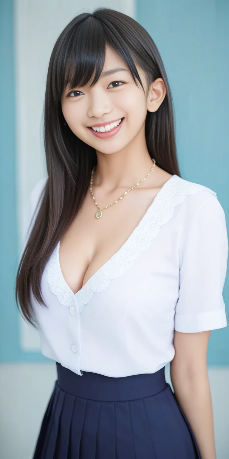 masutepiece, Best Quality,
Ultra-detailed, finely detail, hight resolution, in 8K,
(8k, RAW Photos, highest quality, masterpiece:1.2), (Realistic, photo-Realistic:1.37), Very detailed, Ultra-high resolution,1 girl,Looking at the audience,short hair,Beautifully detailed face,smile,narrow,(Narrow waist:1.3),White underwear, Beautiful, smooth skin, Skin Texture, Floating Hair,Professional Lighting,((bending forward)),((micromini skirt:1,5)),((Smile,Harajuku)),((Sexy shot looking at camera)), Japanese Gravure Idol、((17-year-old))、Small hands、Big Breasts、Beautiful legs、((I can see her cleavage:1.0))、There is a gap、((She is wearing a black dress shirt and a tight black skirt.))、((sitting on a desk)),(Plaid pleated skirt:1.5)
