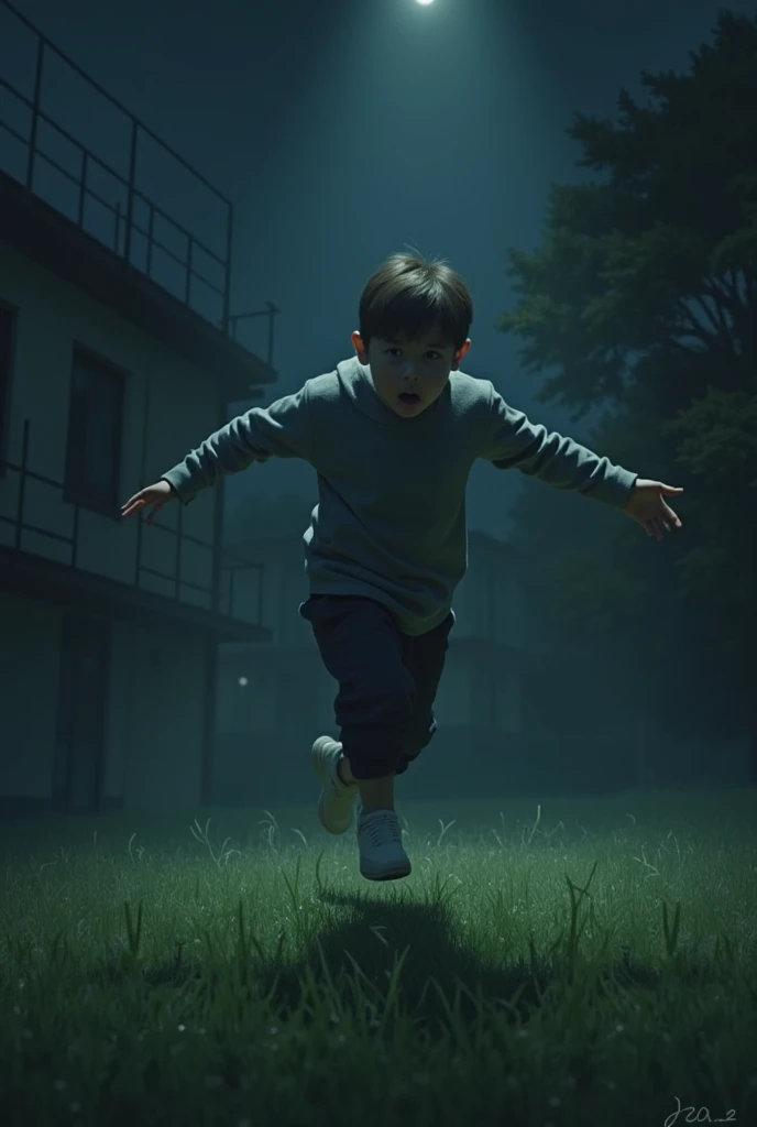 Draw a boy , Without beard, delgado, and white-skinned escaping from a subdivision at night 