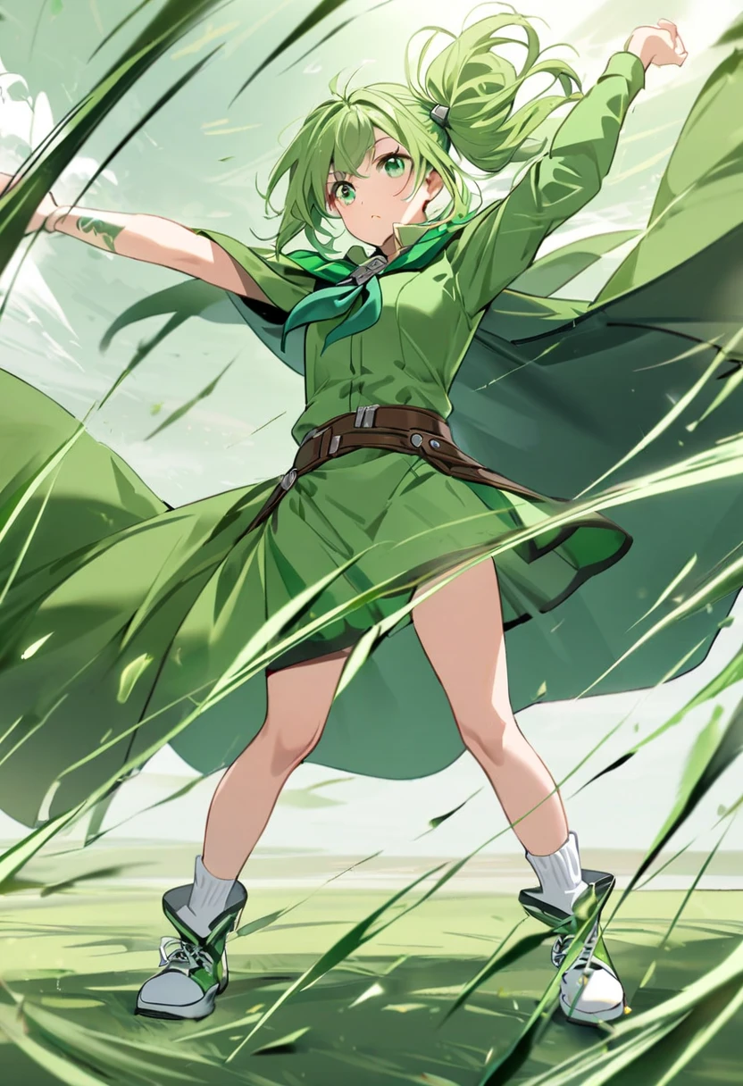 highest quality, Tabletop, 超A high resolution, Ryu Lion, Green shorts, Green Boots, White shirt, Green Cape