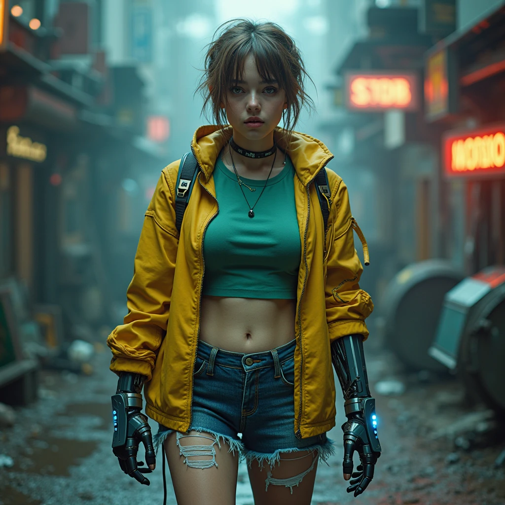 A young very fat chubby women yellow jacket, thin green long t-shirt closed body adult  twink with a cute girlish face, 25-years-old, with messy,  short very light brown punk hair and pale skin embedded with small blue cybernetic ports around her temple and wrists. Shirtless. agile and tech-driven armor shoulderpad, featuring sleek, lightweight  with glowing blue neon strips, riped and destroyed cut-off jean very short shorts. His right arm is fully robotic, with exposed wiring and glowing energy circuits.  and his face has a mix of fear and determination. The background is a futuristic, run-down tech junkyard filled with broken robots, flickering neon signs, and abandoned equipment. The overall mood is dark, with a cold blue and grey color palette, and the realism of the scene is enhanced by the grime, rust, and weathered textures on the cyberpunk gear.
