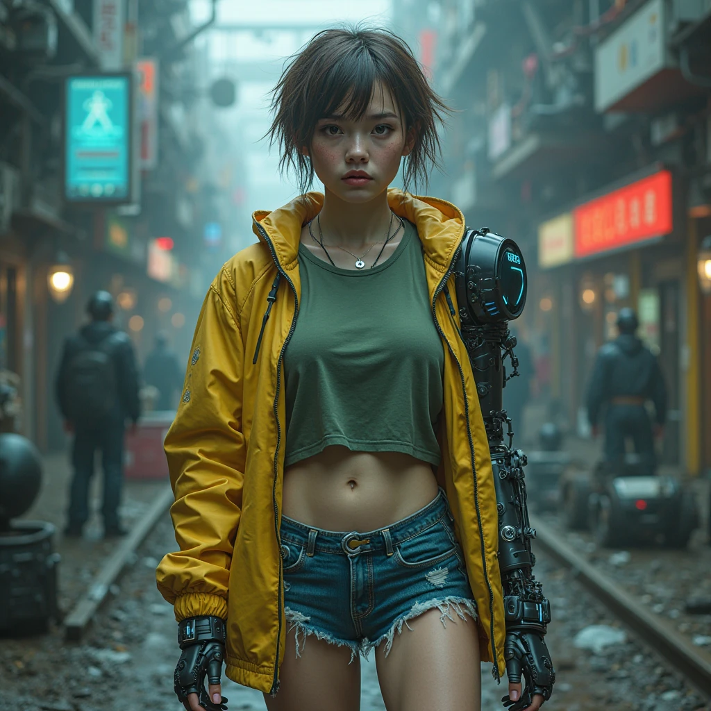 A young very fat chubby women yellow jacket, thin green long t-shirt closed body adult  twink with a cute girlish face, 25-years-old, with messy,  short very light brown punk hair and pale skin embedded with small blue cybernetic ports around her temple and wrists. Shirtless. agile and tech-driven armor shoulderpad, featuring sleek, lightweight  with glowing blue neon strips, riped and destroyed cut-off jean very short shorts. His right arm is fully robotic, with exposed wiring and glowing energy circuits.  and his face has a mix of fear and determination. The background is a futuristic, run-down tech junkyard filled with broken robots, flickering neon signs, and abandoned equipment. The overall mood is dark, with a cold blue and grey color palette, and the realism of the scene is enhanced by the grime, rust, and weathered textures on the cyberpunk gear.