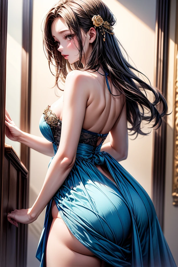 Monica Bellucci, young beautiful, large breasts, wearing a dazzling blue evening gown, very low back drop, very low waist line, rear view, butt crack visible, upper body, closeup