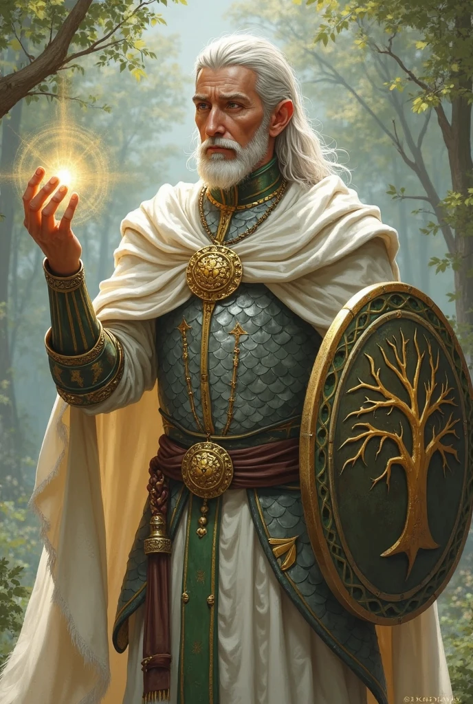 male high-elf priest. Mit netten, soft  features. Fantasy role-playing game artwork. Concept Art painting Stil wie Kekai Kotaki. Wears a fine silver-white scale armor. He casts a healing spell with his right hand. Attached to his left forearm He wears a large decorated round shield. Fabric elements, such as his white cape, are set off with green and gold.  He wears a golden amulet around his neck. The amulet shows a tree with wide branches. The background is light forest in dawn. 