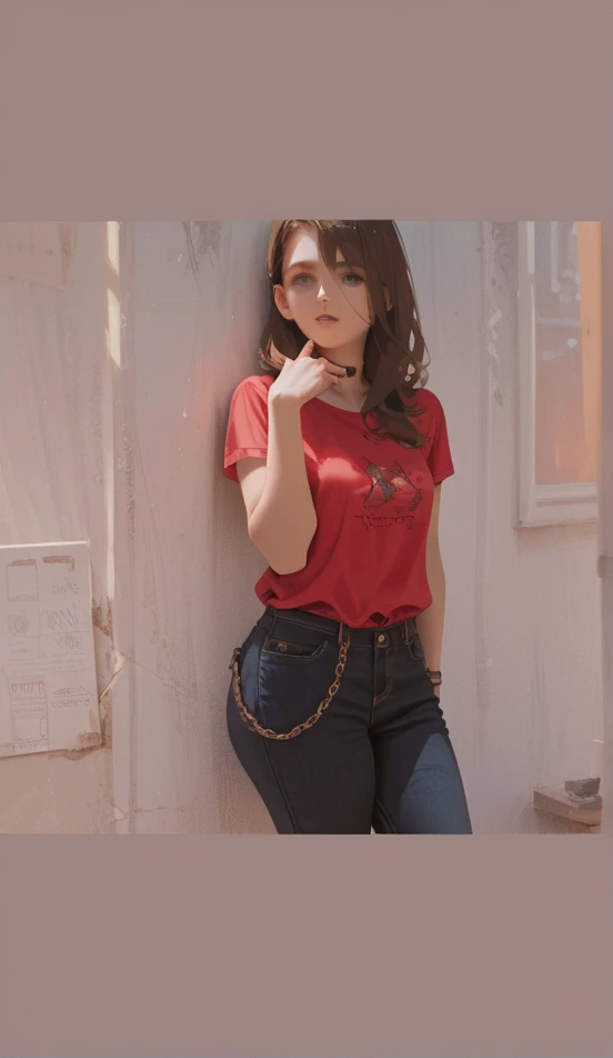 A girl with a beautiful body and slightly big red lips wearing tight jeans and a t-shirt takes a picture in the mirror and the phone is in front of her face and her face can no longer be seen