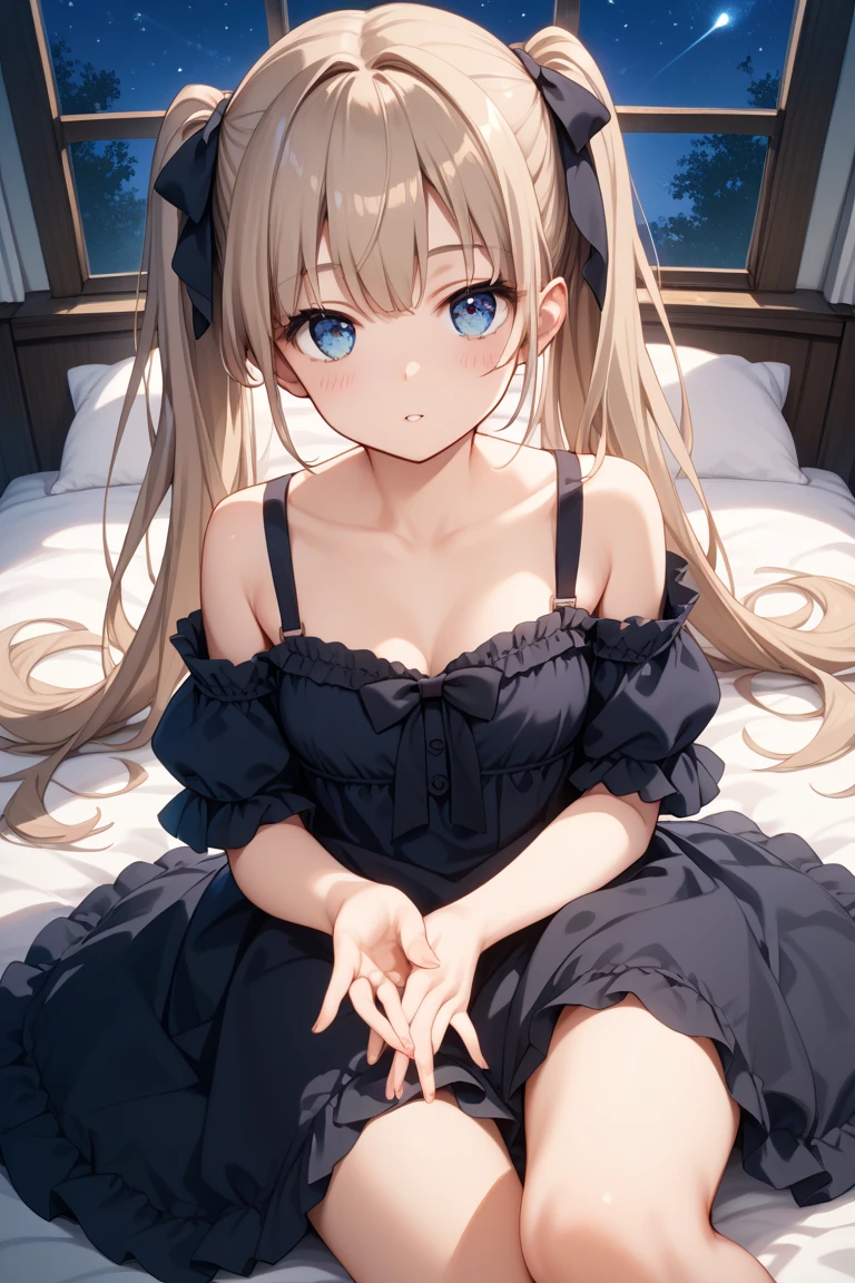 Dark silhouette of a girl on you while you are in bed in the dark , ((Throw)) , ((Blue eyes)) Blonde hair