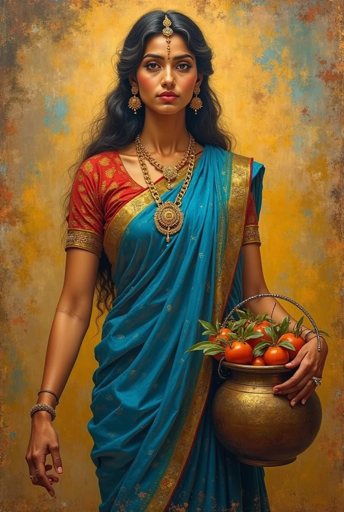 painting of a woman in a blue sari holding a pot, indian goddess of wealth, portrait of a goddess, inspired by Raja Ravi Varma, portrait of a beautiful goddess, a stunning portrait of a goddess, godess, inspired by T. K. Padmini, goddess portrait, indian goddess, by Raja Ravi Varma, female goddess, the goddess of autumn harvest