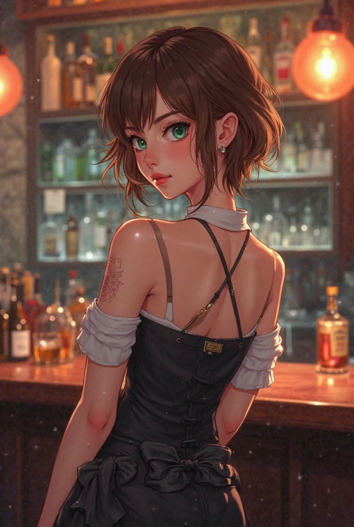 anime girl short brown hair green eye bartender clothes sexy big breast 