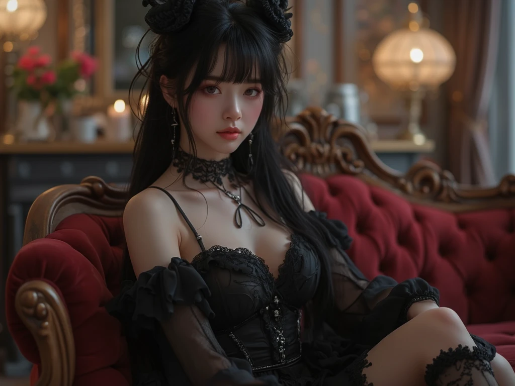 "Steampunk girl with a cat robot companion, poised in a candlelit room, eye contact with the viewer, captured in a wide-angle shot."