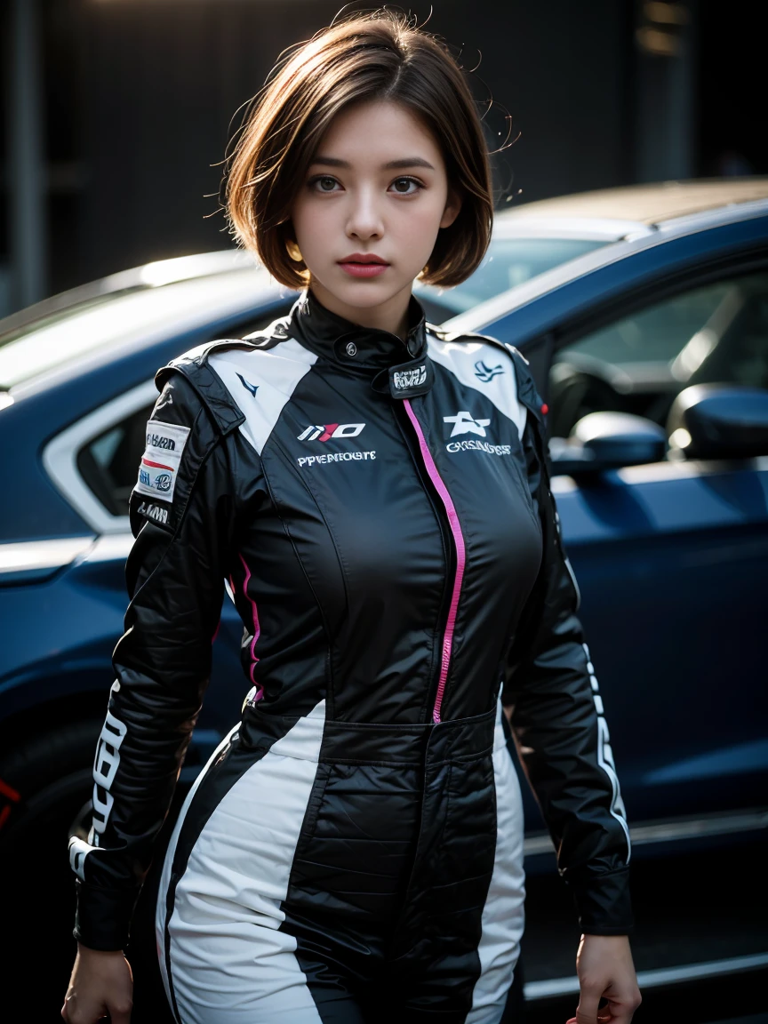 Highest image quality, Outstanding details, Ultra-high resolution, (Realism: 1.4), The best illustration, favor details, highly condensed 1girl, with a delicate and beautiful face, short detailed hair, ((Cowboy shot)), (Wear a warm racing suit and like a police uniform, Black and gray mechs, Military seat belts, With a machine gun), Gray wall on background,