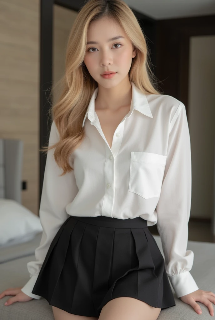 15year old, Caucasian skin, Pale, freckles, wearing school skirt, Short sexy skirt, big breasts in a wet transparent mini shirt, whole body, Face pretty, gorgeous eyes, eyes open, hyperrealisti, realistic texture, natural lighting, engine unreal, art season trend, cinema 800, in a well-lit, detailed hotel room