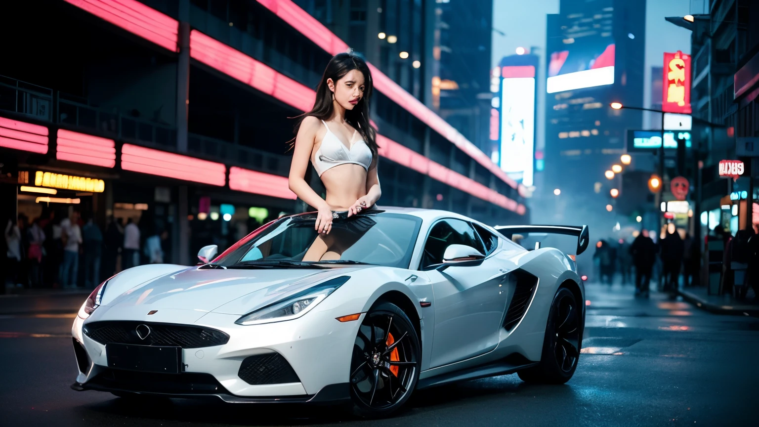 Beautiful Japanese waifu, early 30s, brunette hair, silver evening gown, high heels, handbag, stepping out of a sports car