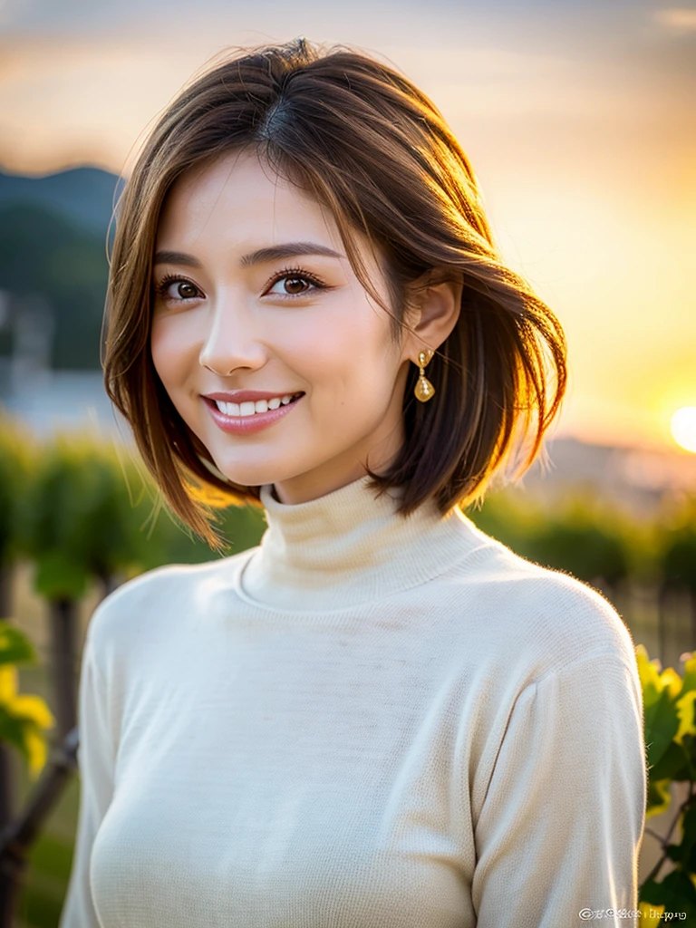 ((champagne)),((     wine glasses)),Wine Party,(White Wine)),((       wine glasseses)),(realistic, 超realistic:1.4), 16K high resolutionR, high resolution ,((White Wine)),happy smile、Beautiful Japanese couple , Age 33,37 years old, short hair,  The best smile around my eyes、Brown short hair,japanese actress,upper body,upper body,turtleneck dress,There is a beautiful sunset in the background,  volumetric lighting, realistic proportions, (realistic, 超realistic:1.4), 16K HDR, dawn,high resolution,super realistic 肌,      Super beautiful expression            ,Fantasy Art,  character art , Wind effect :1.9、      cloud effect      :1.2、Full Rendering、プロ品質のhigh resolution,slim figure,very detailed face,very elaborate eyes , beautiful lips,   Superior Light Particles   , Cinema Light,Compensate,超high resolution,Ultra-realistic Skin,