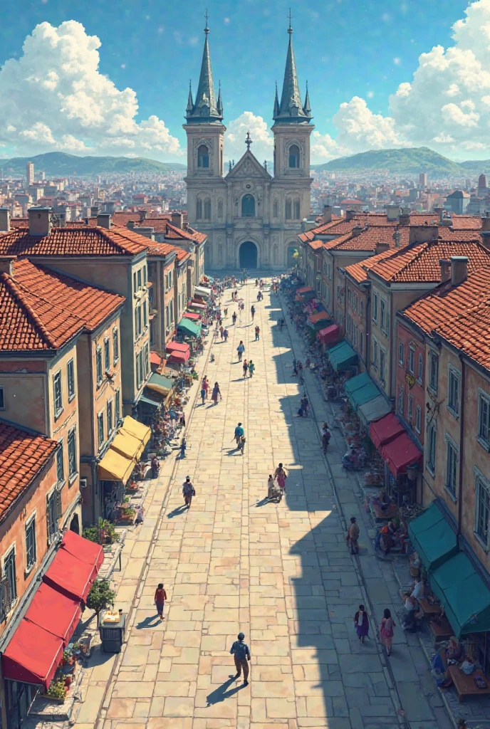 I need you to draw a central square of a city where shops and a bank $. The 4 streets that lead to the square. (The city is not modern, It's from the 19th century), The cartoon must have anime traits. The image should look like a photo taken by drone, The square must be fully viewed from above,