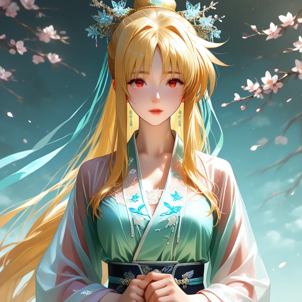 ((top quality)), ((masterpiece)), (details), （perfect face）、The blonde Fate Testarossa has excellent proportions and is wearing a gorgeous and glittering  Hanfu