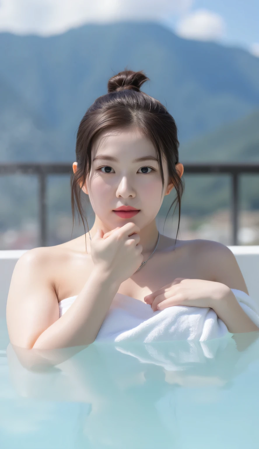 a woman, soaking in the open hot spring, submerged body in hot bath, steam coming out of the bathwater, looks hot steam around, visible mountain with bright blue sky, shirt looks full body, body facing front, eyes looking at camera , lip biting index finger , body wrapped in wet towel, bare shoulders , bare sleeves, big size G-cup, thick red lips, horny face, tied hair black color, whole body and wet clothes