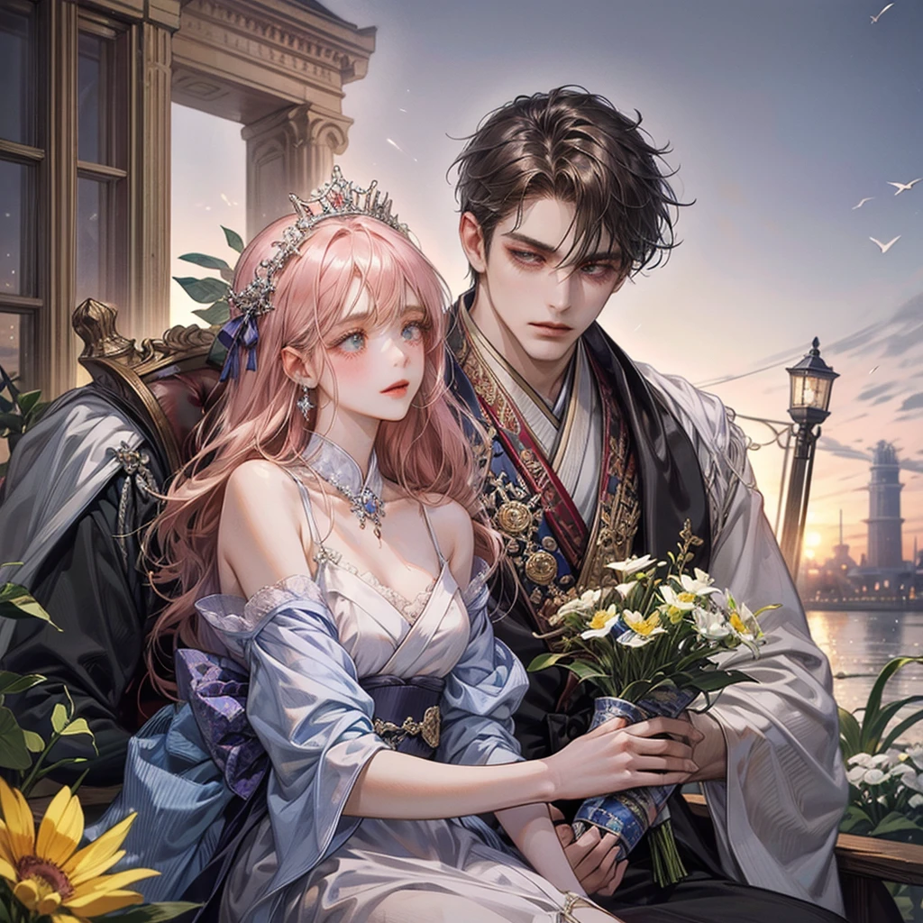 "Yab-Yum": A colossal Roman Emperor named Constantine I, adorned in grandeur, cradles a girl from the Land of the Rising Sun, Japan. They form a content couple, wrapped in an ocean of love that transcends the boundaries of faith and religion. Their love is a microcosm, residing in the depths of garden quartz, radiating as a galaxy, or a clear sky before dawn.
Their romantic story unfolded during a serene era, surrounded by a marble floor and colorful ores – diamond, morganite, kunzite, rose quartz, Inca rose, and rhodochrosite. Decor