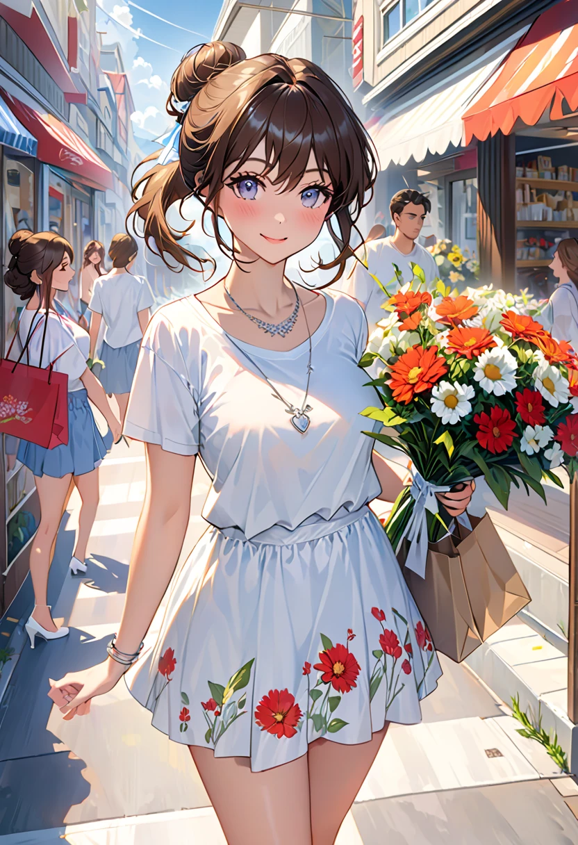 very detailed, High Quality, masterpiece, Female 1, path,  Shopping bags in both hands , happy expression, brown hair,  put them together in a bun with tousled hair, (casual wear: 1.1), white t-shirt, short skirt for hypnotic suggestion, high heels, light makeup, (silver necklace: 1.2), Head Sunglasses, holding flowers, People in the background々and storefront, Outdoors, sunny day.