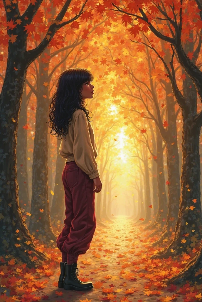 Book Cover — “Advice sold and poems lived”
Author: Anielle Medeiros

Character:

Adult brown girl, light and yellowish skin tone

Wavy hair, dark brown eyebrows, Length above the shoulders. 

Penteado: dark hair, lisos, leather jap split on the side. 

De costas, looking to the side and up (pensativa)


Visual Style:

hairstyle

Japanese clothing: Long length, Capping the ????????, long sleeve black leather blouse tight on the arms and gray dins pants, apertada. Black boot, high ???? almost to the knee and medium square heel. 

Scenario: autumn leaves falling, sunset light, Illuminated tree path

An aura of soft hope surrounding the character

Palette: warm tones


Text:

Title: Advice sold and poems lived

Name: Anielle Medeiros in the footer

Source: poetic handwritten
