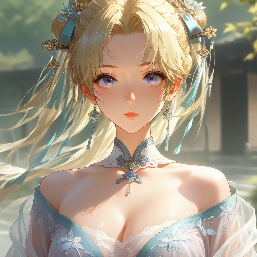 ((top quality)), ((masterpiece)), (details), （perfect face）、Blonde twin-tailed Jamie Ossen has excellent proportions and is wearing a gorgeous and glittering see-through Hanfu