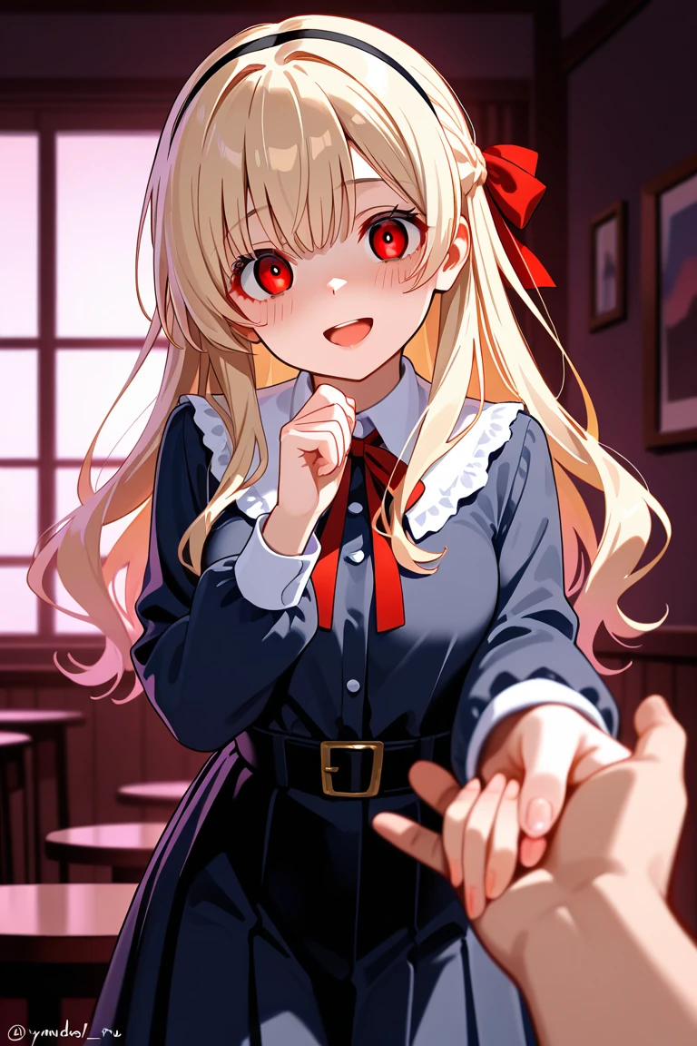 (masterpiece, best quality:1.2), IncrsProp, wedding ring, 1girl, power \(csm\), sharp teeth, grin, looking at viewer, symbol-shaped pupils, cross-shaped pupils, collared shirt, black necktie <lora:csm_power-13:1> <lora:Proposal:1>