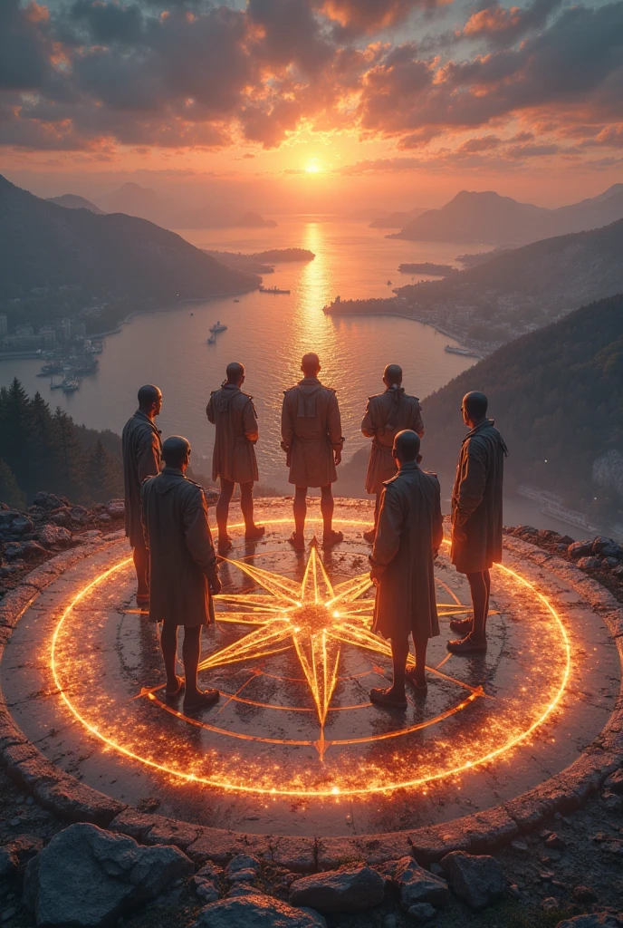The 5 guards stand together on a glowing compass circle, which is permeated by a magical aura. In the background, you can see the outlines of harbor, Regenwald, mountains and a blazing horizon — the symbolic elements of the four cities united in a protective circle.

