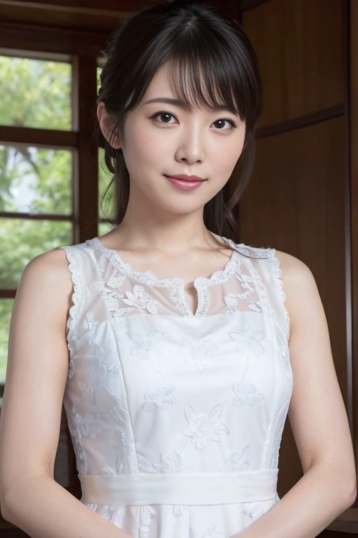 Medium Size Display, Medium Shot, Written boundary depth, bust, Upper Body, Movie angle, masterpiece, Highest quality, Very detailed, CG, 8k wallpaper, Beautiful Face, Delicate eyes, Otome, alone, smile, bangs, skirt, Formal blouse, Bouquet of lilies