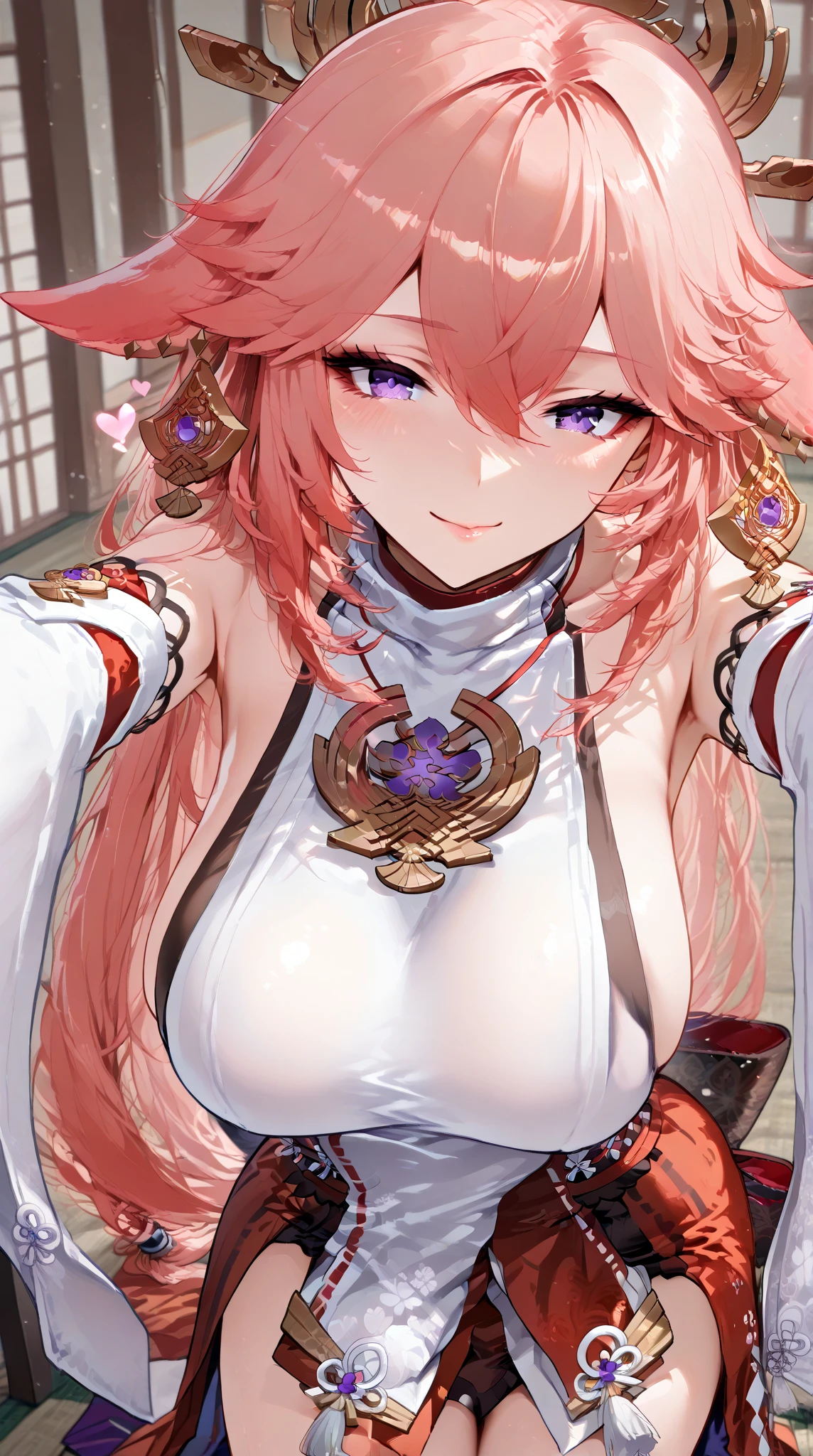 yae miko、hair ornament、japanese clothes、sideboob、detached sleeves、wide sleeves、jewelry、earrings、bare shoulders、(((best quality)), ((masterpiece)), (details), masterpiece, best quality, high quality, ulutra detailed, perfect face, Yae Shrine Maiden、Genshin Impact、Sidehiny Hair、Glowing Skin、smile、Priestess Costume、Background of a shrine with cherry blossoms in full bloom、torii、Holding inari sushi、bachong