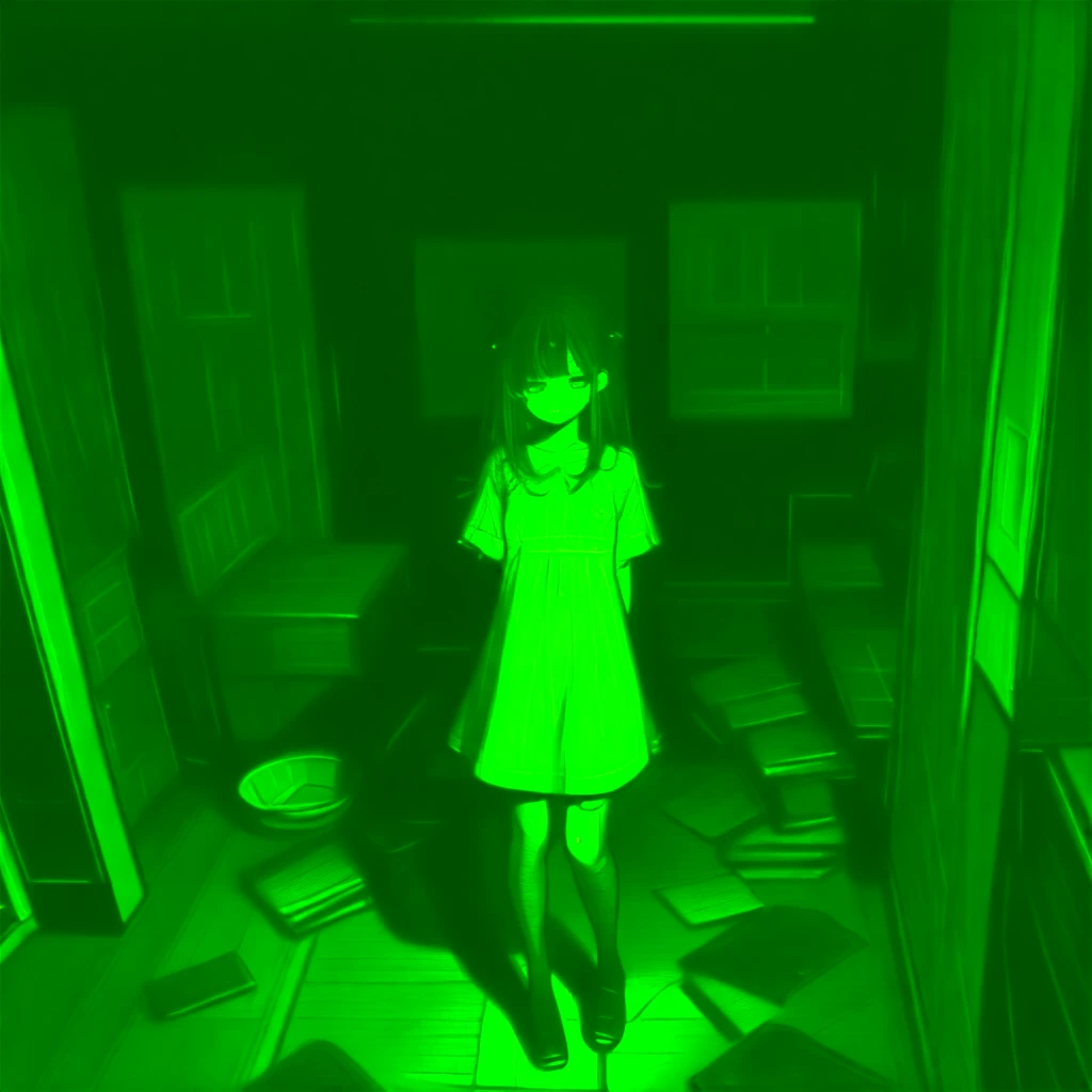 anime girl. Green white blue elements. Short skirt with boots and braid