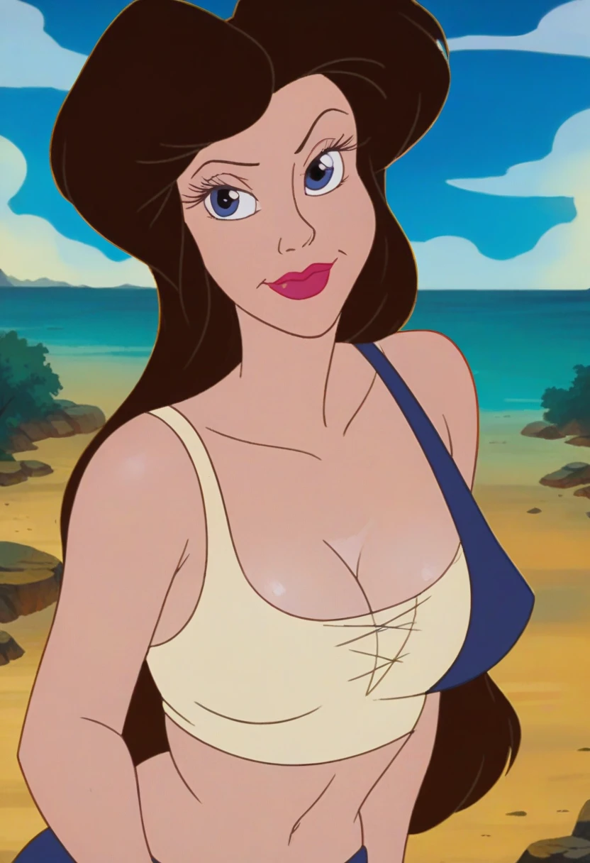 busty princess clara, very messy hair style, sex hair, hair messy, wearing very small string micro bikini with full body exposed, bikini barley covering breasts