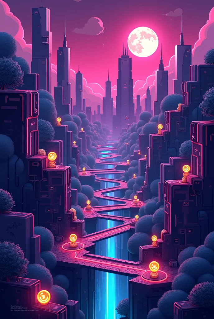 make a game level selection map in technology theme make it cartoonize look and landscape just 2D purple and black theme LANDSCAPE AND CARTOONIZE 