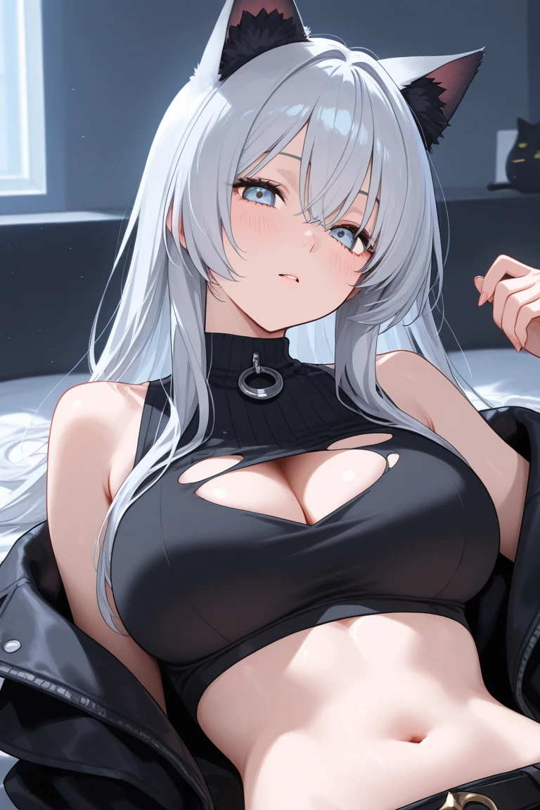 1shenhe, silver hair, large breasts, underwear, in, cleavage, navel, t-shirts, (brachial), skirt, lie, Body, sexy, sitting