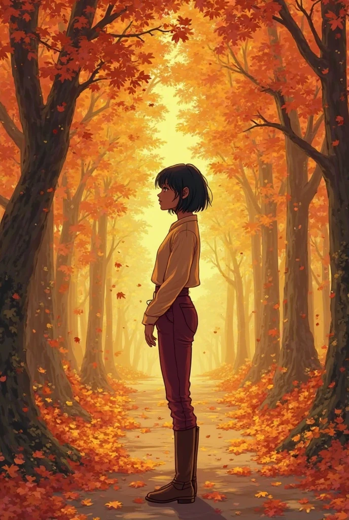 Book Cover — “Advice sold and poems lived”
Author: Anielle Medeiros

Character:

Adult brown girl, light, yellowish skin tone, Black features. 

dark brown hair, Short medium. Sem franja!  split on the side.  

Penteado: dark hair, lisos,  split on the side. 

looking to the side and up (pensativa)


Visual Style:

hairstyle

Japanese clothing: Long arm-length hip-length blouse, apertada,  cor preta. 
Burgundy pants, apertada. 
Footwear, Knee-length boot. 


Scenario: autumn leaves falling, sunset light, illuminated tree path

An aura of soft hope surrounding the character

Palette: warm tones


Text:

Title: Advice sold and poems lived

Name: Anielle Medeiros in the footer

Source: poetic handwritten
