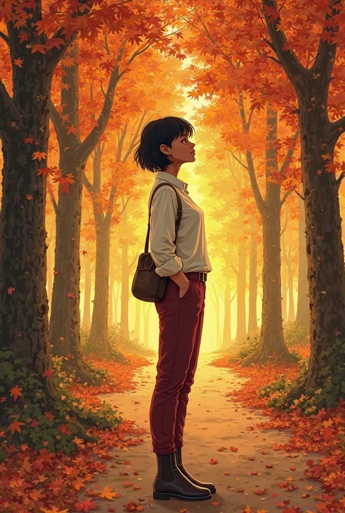 Book Cover — “Advice sold and poems lived”
Author: Anielle Medeiros

Character:

Adult brown girl, light, yellowish skin tone, Black features. 

dark brown hair, Short medium. Sem franja!  split on the side.  

Penteado: dark hair, lisos,  split on the side. 

looking to the side and up (pensativa)


Visual Style:

hairstyle

Japanese clothing: Long arm-length hip-length blouse, apertada,  cor preta. 
Burgundy pants, apertada. 
Footwear, Knee-length boot. 


Scenario: autumn leaves falling, sunset light, Illuminated tree path

An aura of soft hope surrounding the character

Palette: warm tones


Text:

Title: Advice sold and poems lived

Name: Anielle Medeiros in the footer

Source: poetic handwritten
