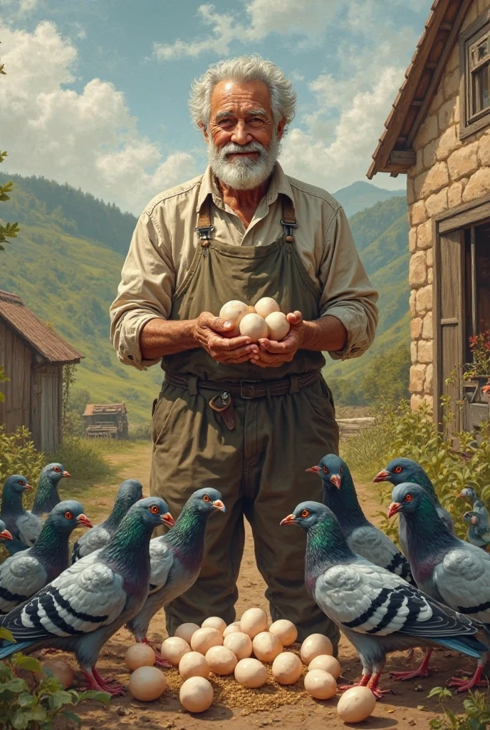 কৃষক এর সাথে অনেক গুলো কবুতর এবং ডিম আছে 