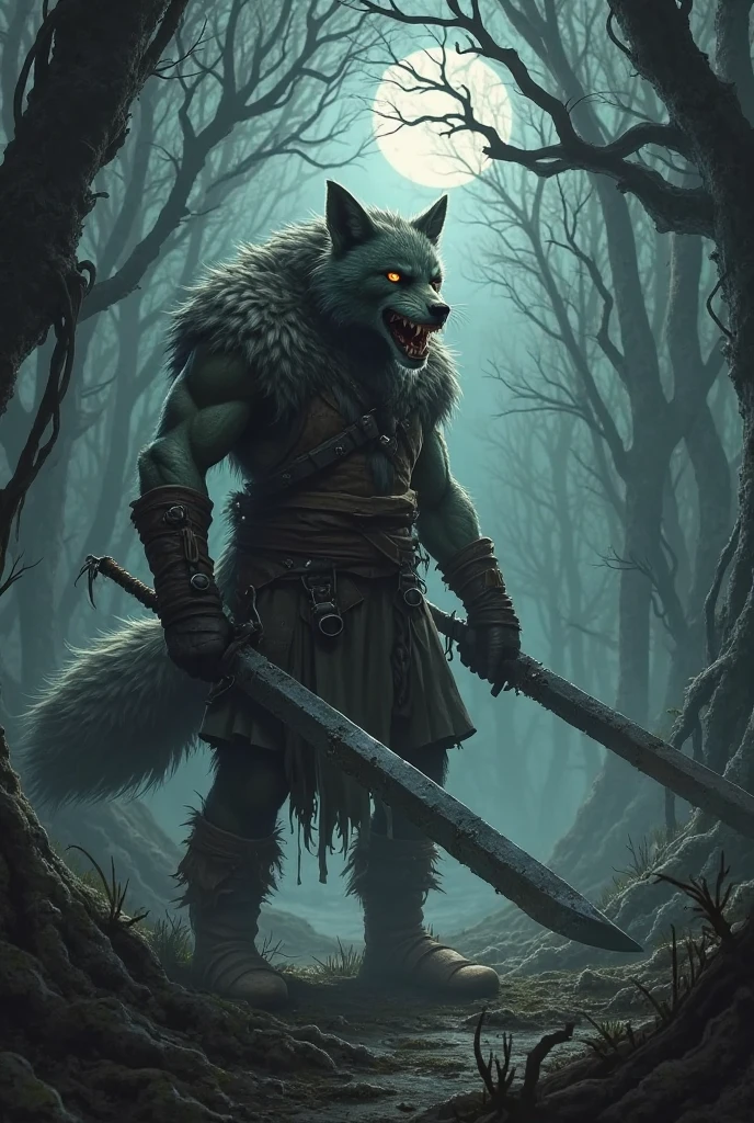 (high quality: 1.2), (detailed: 1.2), (Sufficient lighting), (1 boy), (Beast style), (hairy), (black Wolf), (healthy body), (Happy expression), (Holding a small axe), (Beautiful forest and blue sky background)